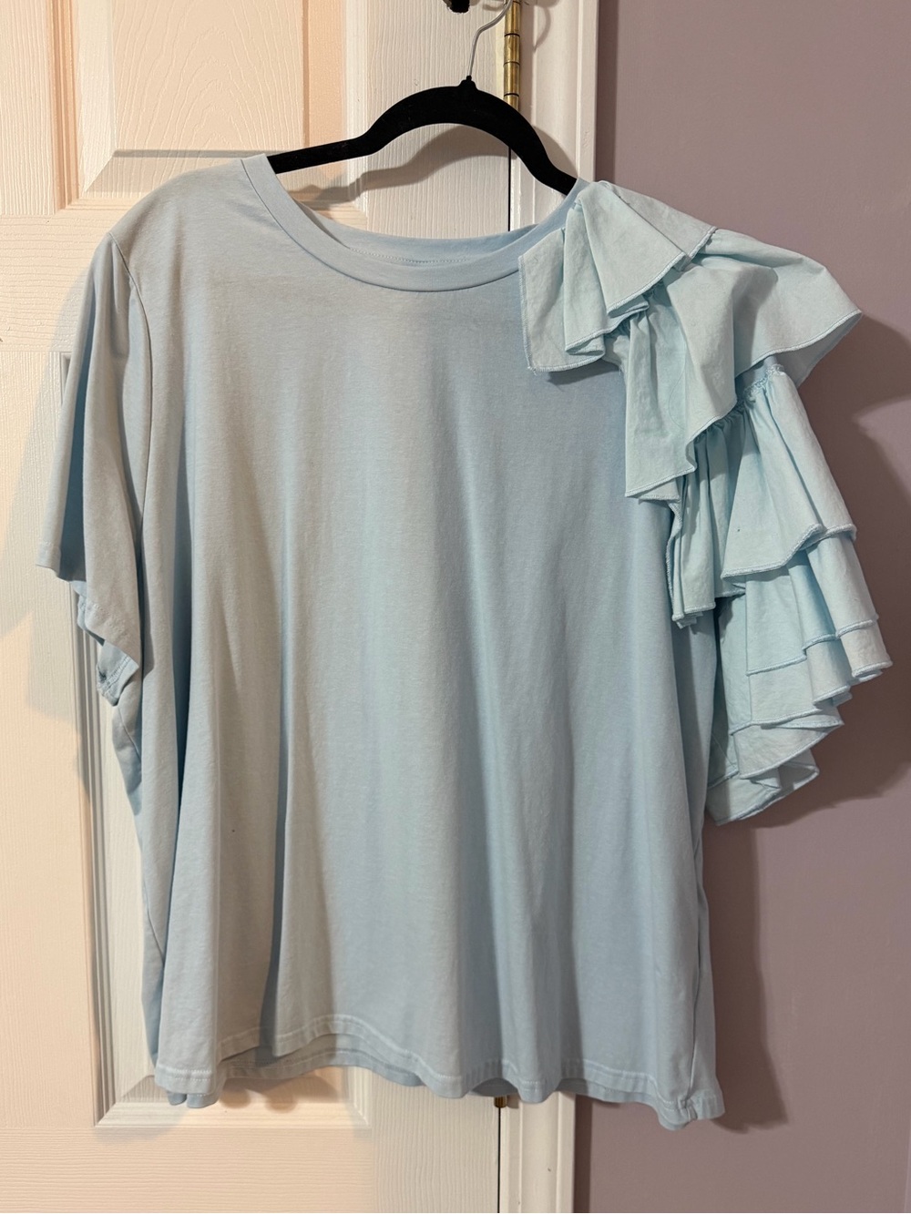Women's Light Blue Short Sleeve Top with Layered Ruffle Shoulder